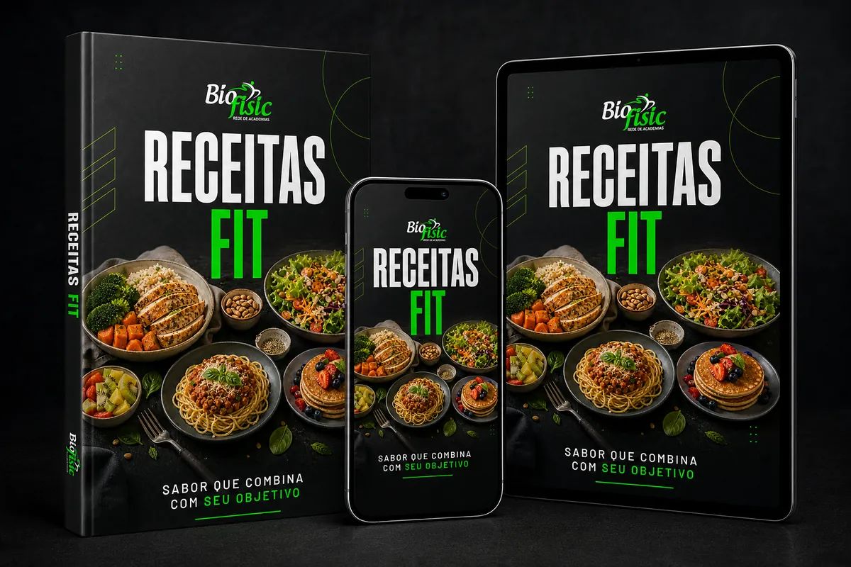 Capa do e-book 100 Receitas Fit em livro, tablet e celular